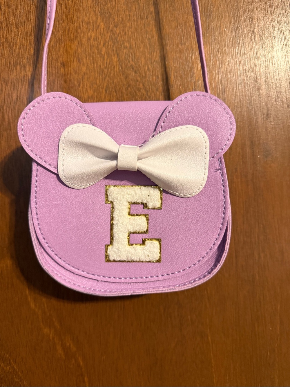 Lilac Kids Crossbody Purse with White Bow and Letter E, Disney Mouse-Style Ears
